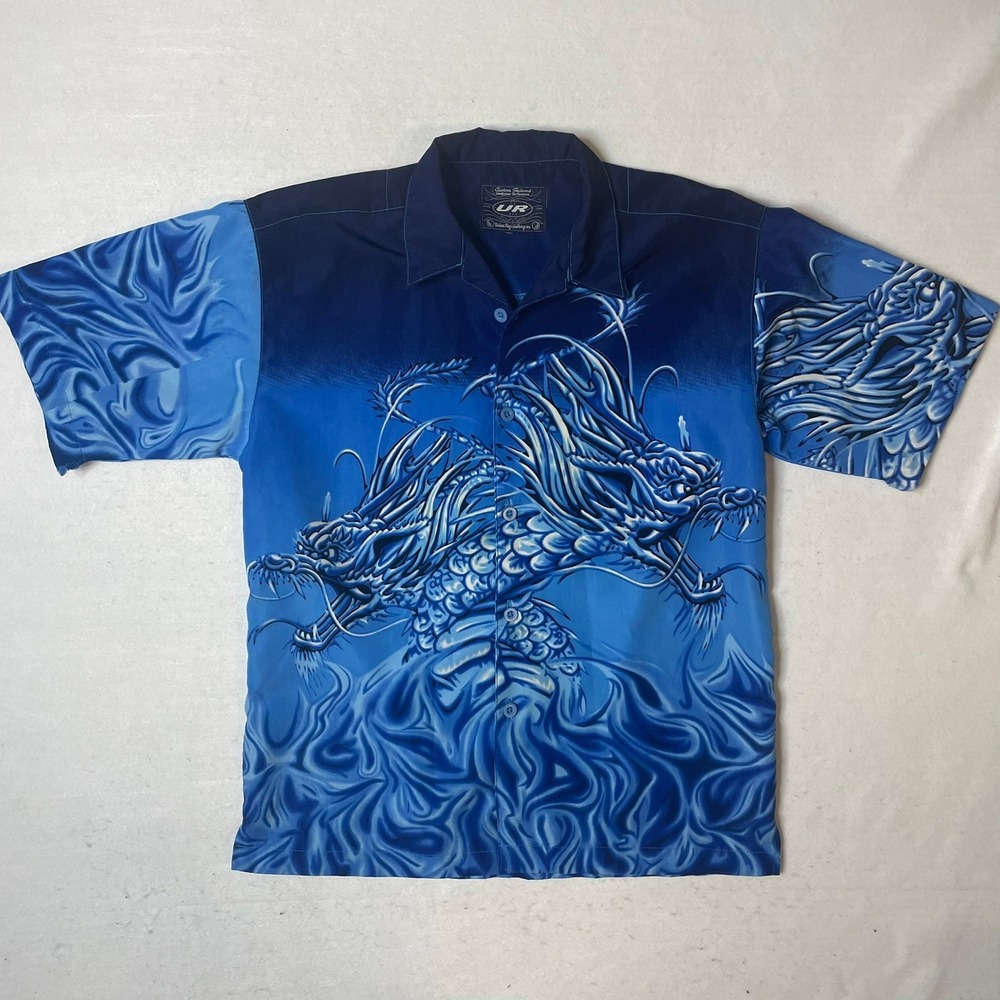 Urban Rags NYC‎ Dragon Shirt Mens Blue Short Sleeve Button Up Y2K